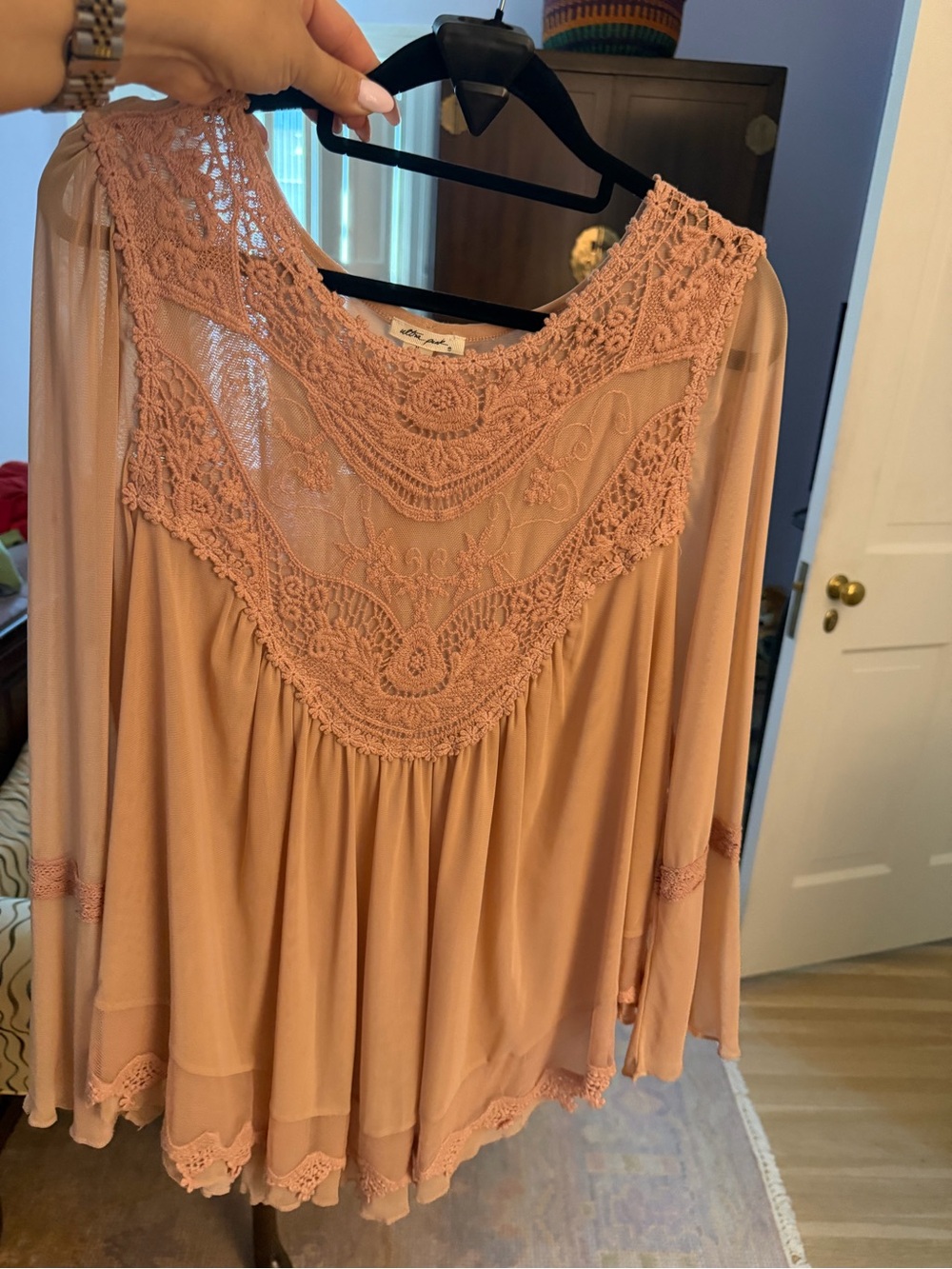 Ultra Pink Crochet Yoke Blouse in Dusty Pink